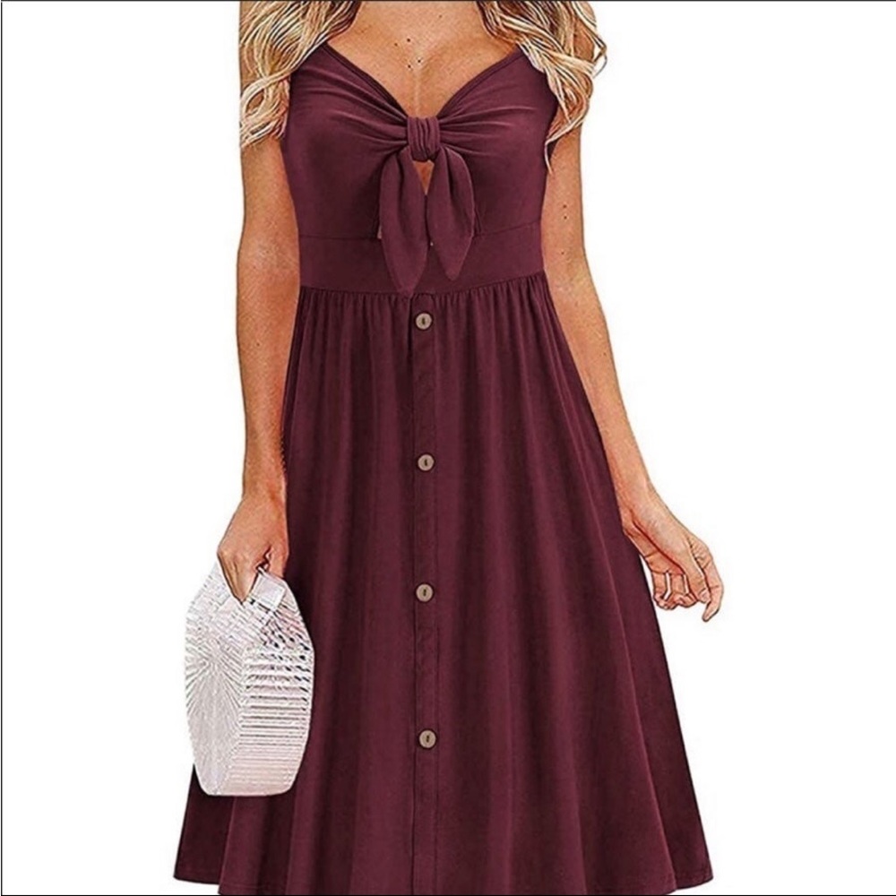 Casual Mid Length Adjustable Tie Front Red Maroon Dress-Size L- NWOT